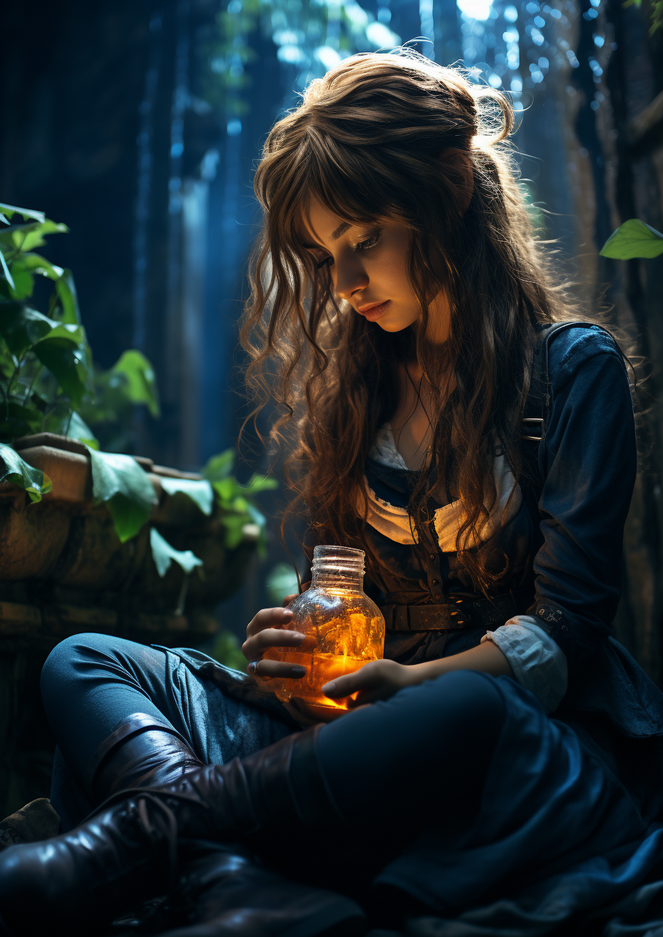 Girl holding jar under waterfall