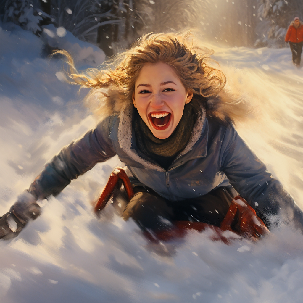 Girl sledding in snow causing eruption