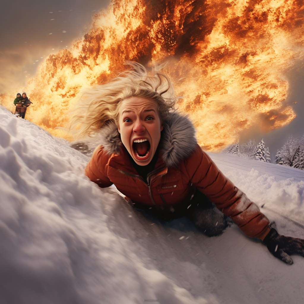 Girl sledding in snow causing eruption