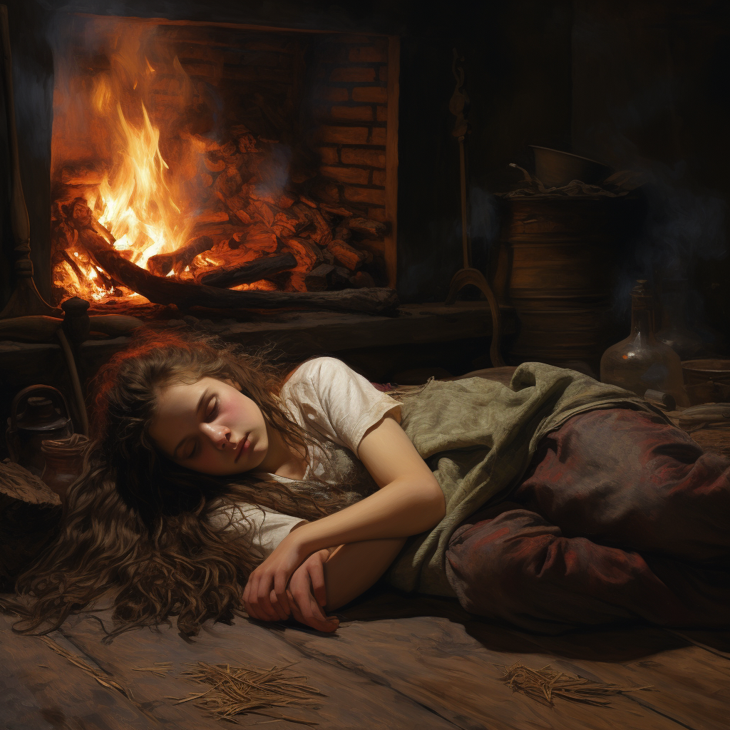 Sleeping girl by fire