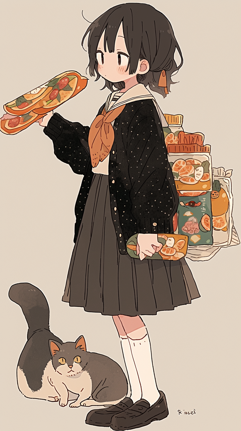 Cool girl eating snacks with cat