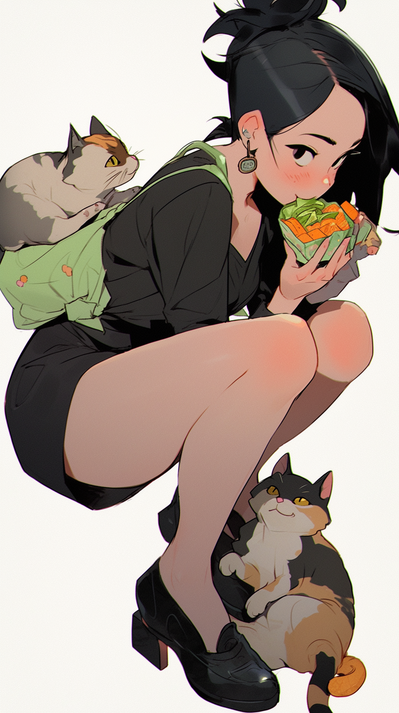 Happy girl eating snacks with her cat