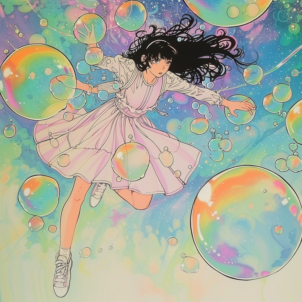 Girl Sprinting, Iridescent Bubbles, Missing