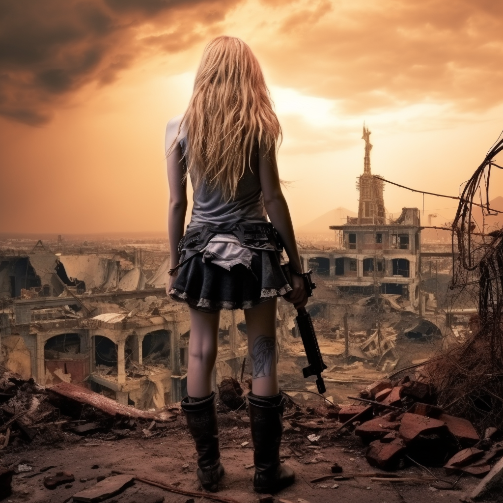 Brave girl holding rifle in post-apocalyptic city