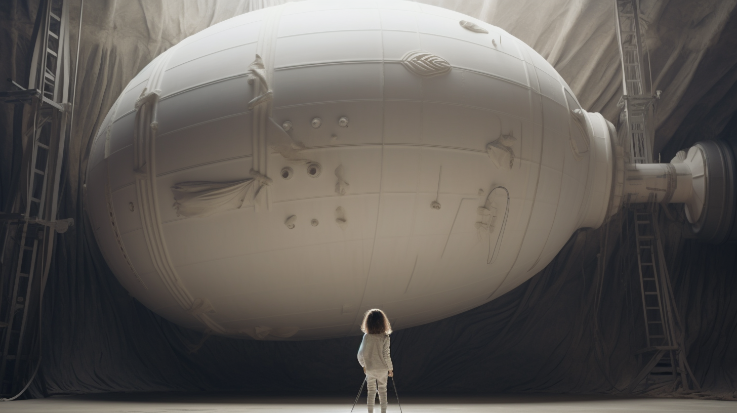 Girl in front of white spacecraft