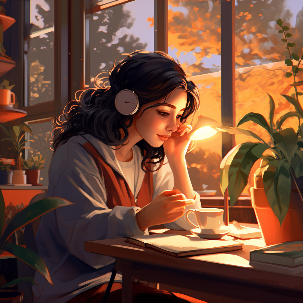 Girl studying in a cozy cafe