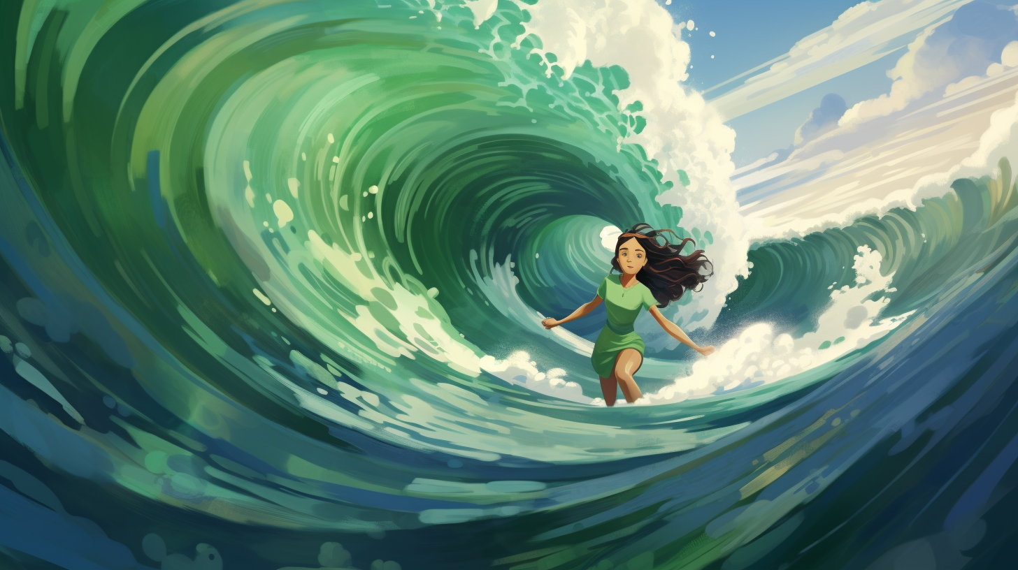 Girl surfing on green train surfboard