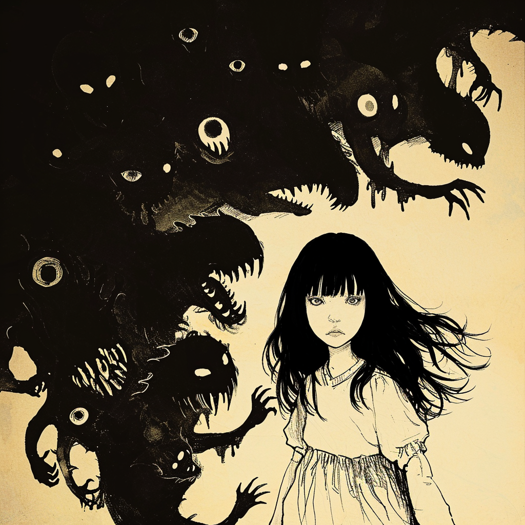 A girl surrounded by shadow monsters