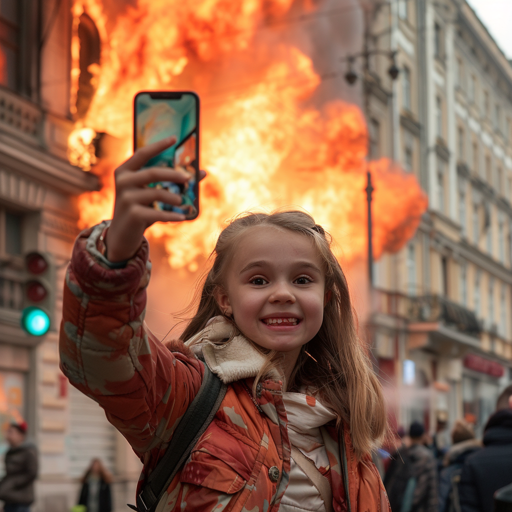 Girl Taking Selfie with Burning Building