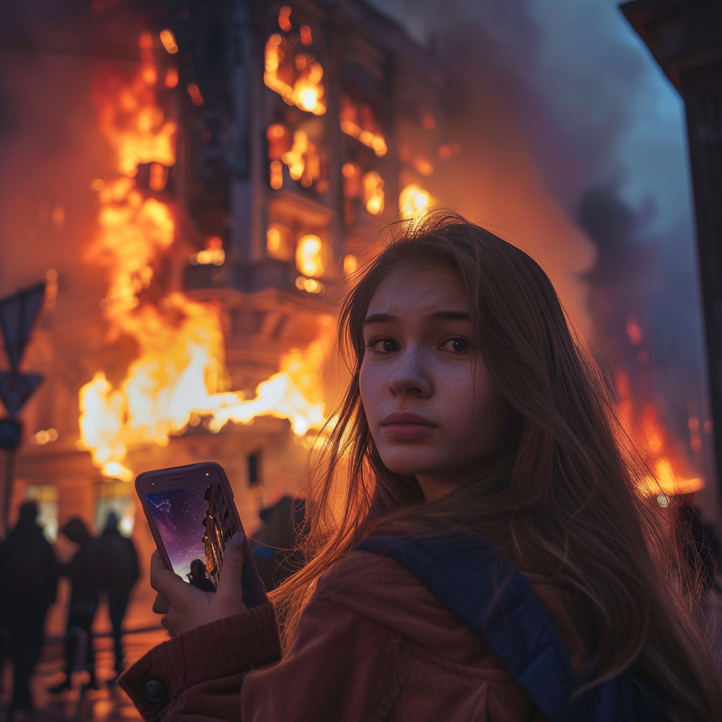 young girl taking selfie fire