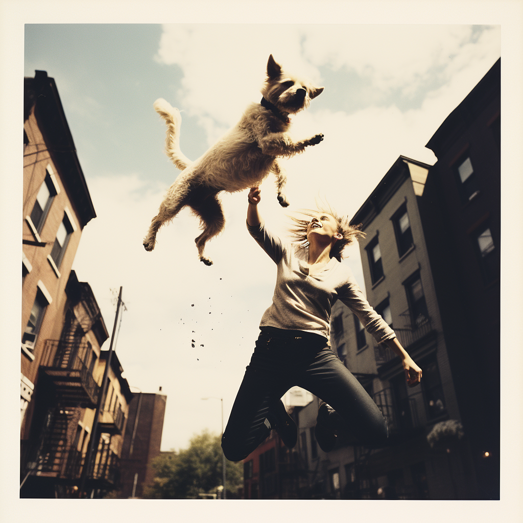 Girl tossing treat, dog mid-leap