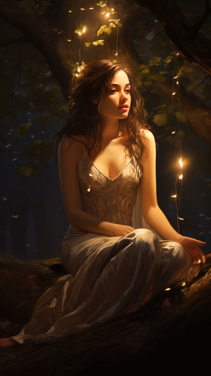 Serene girl under tree with shining light