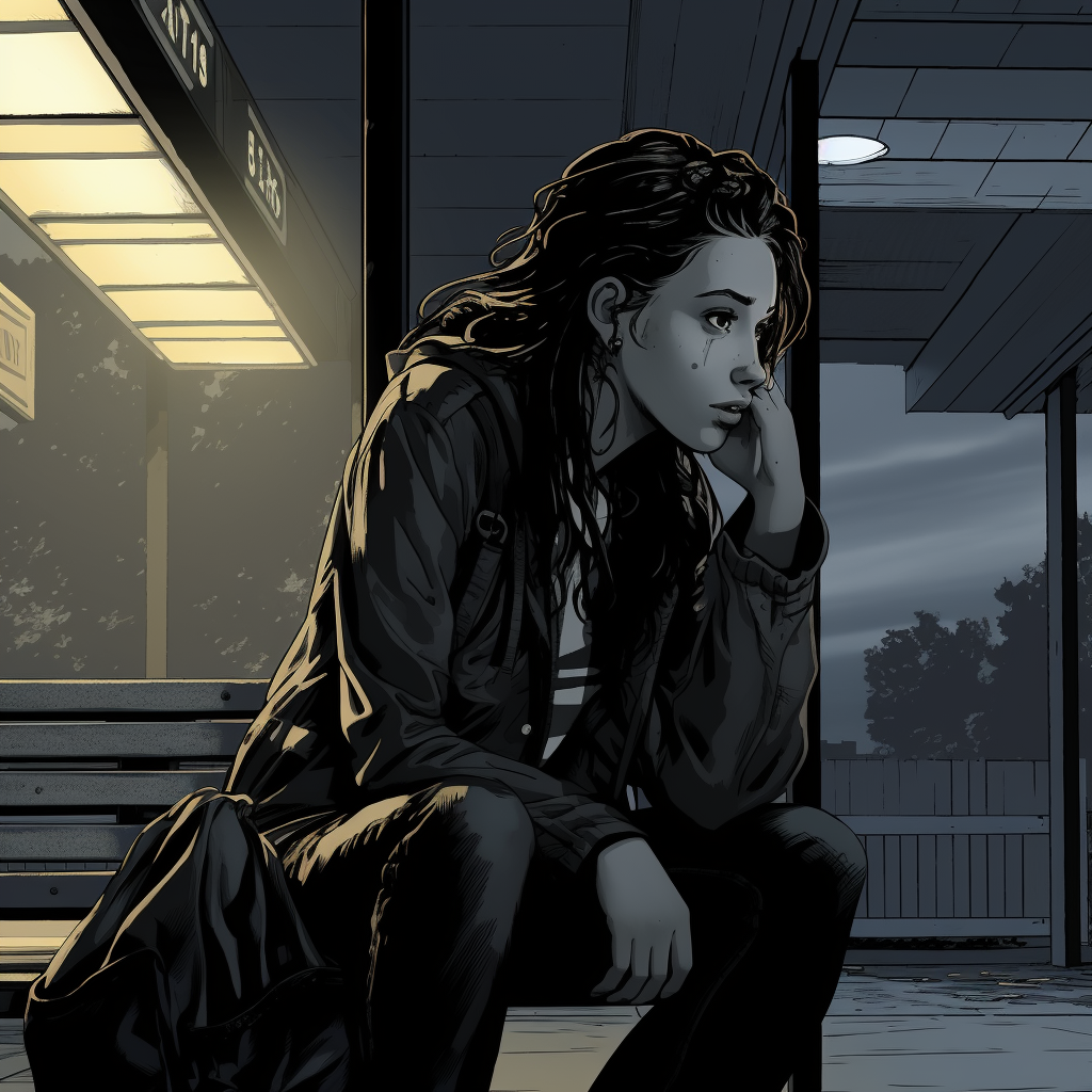 Girl waiting at comic-style bus stop