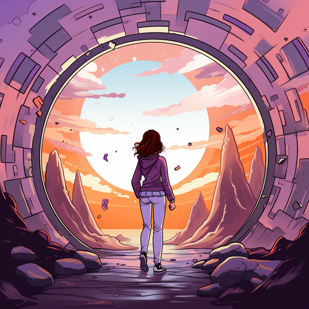 Girl walking through portal, magical adventure awaits!