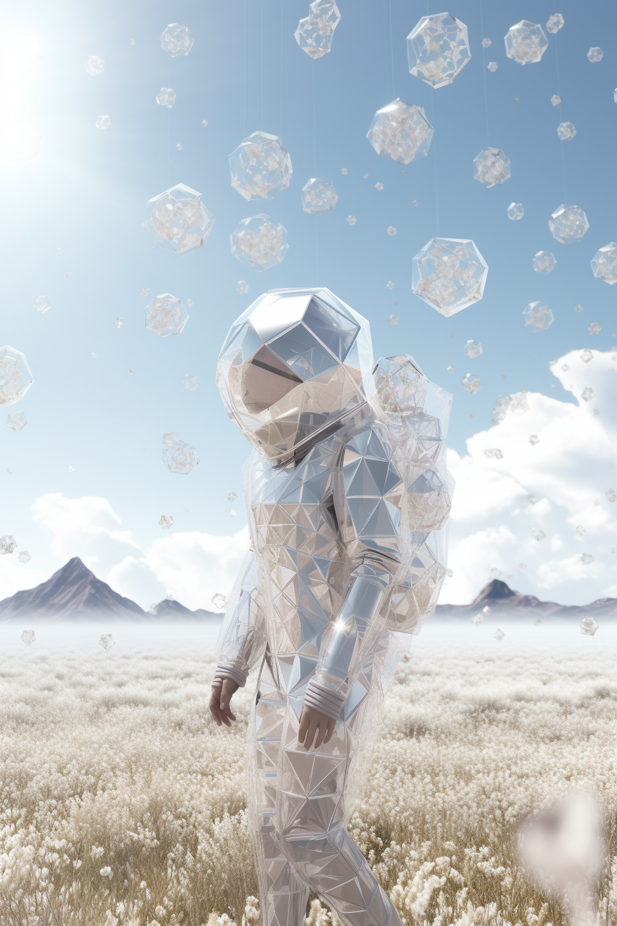 Girl in white spacesuit walking on crystal field