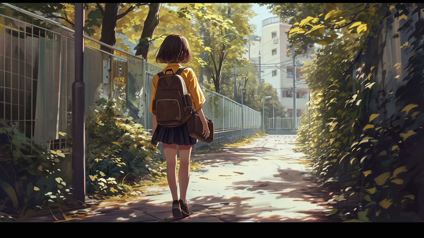 Girl walking through school yard with walkman