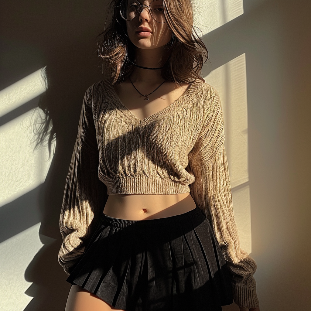 Girl in Black Skirt and Brown Sweater