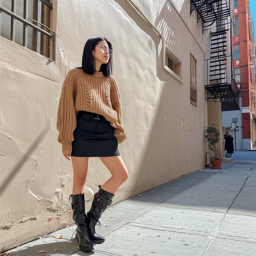 Girl in black skirt and brown sweater