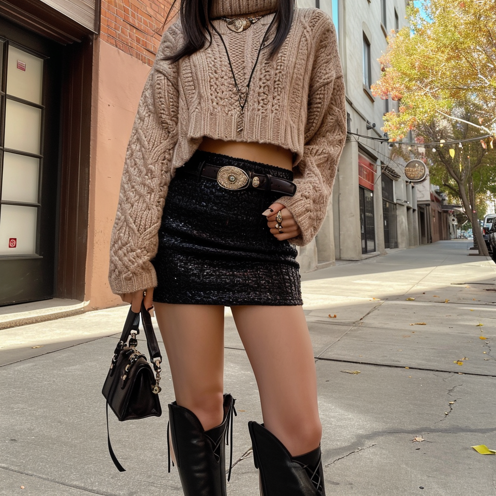 girl wearing black skirt and brown sweater