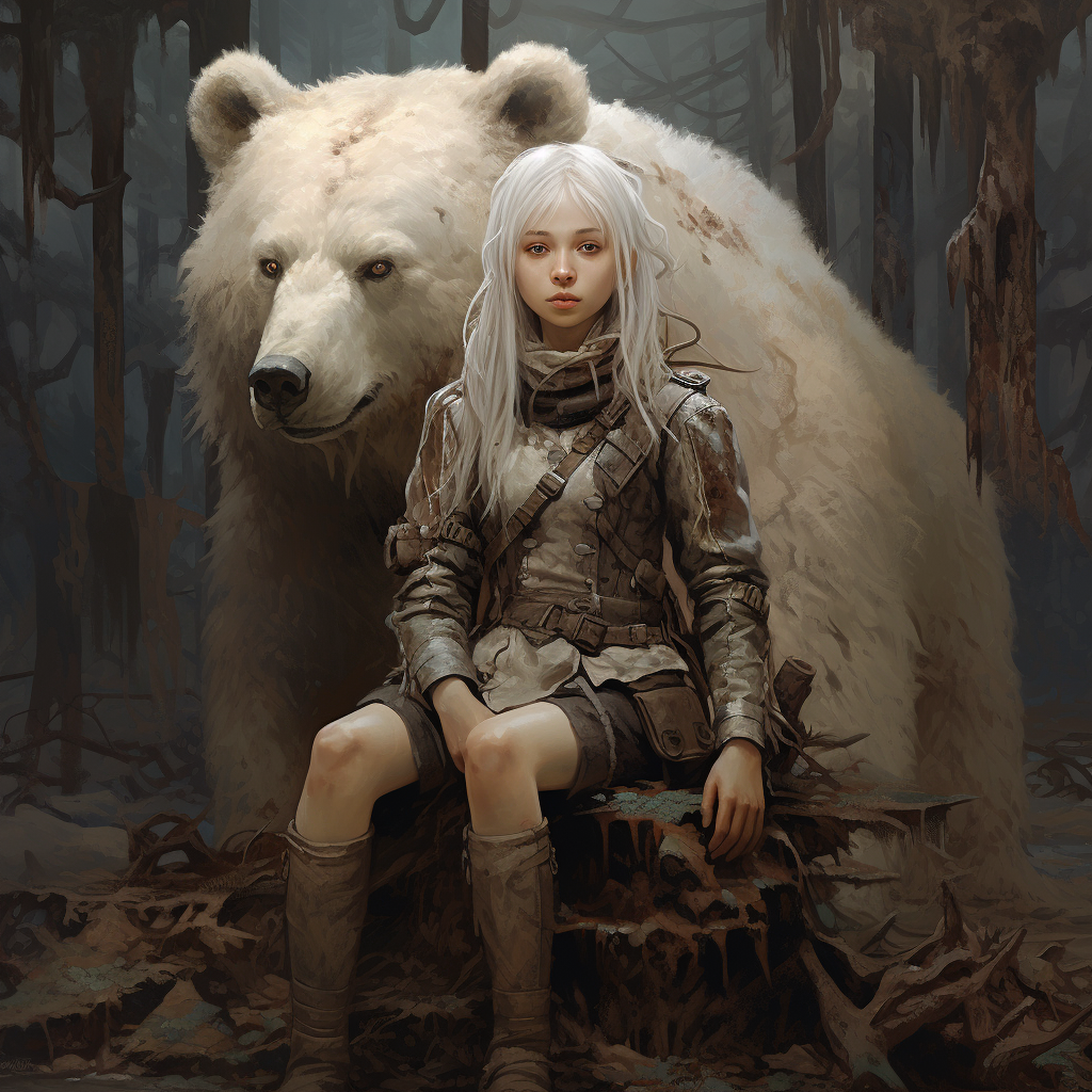 Girl with White Hair and Brown Bear in Forest