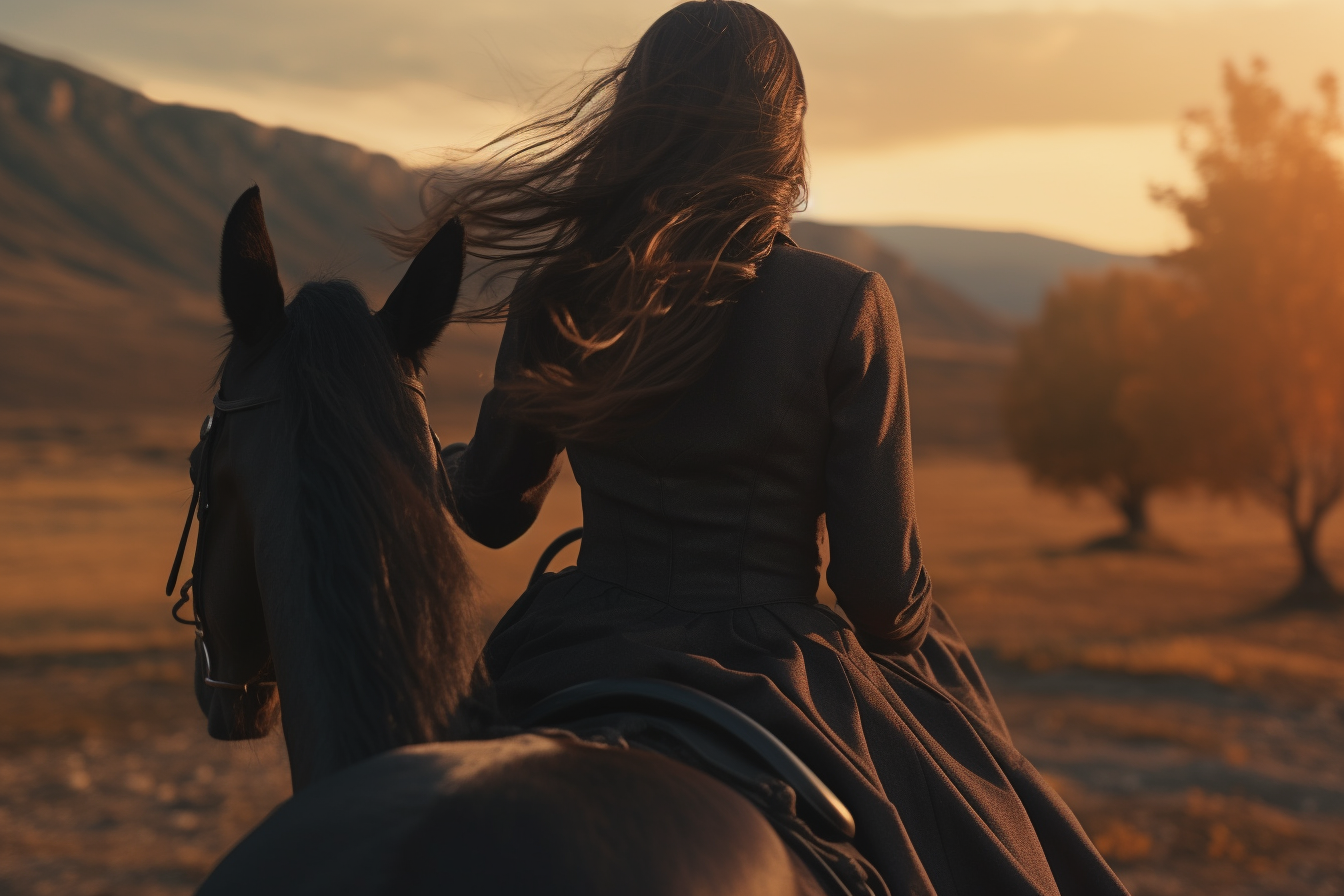 Girl riding black horse with Ballayage hairstyle