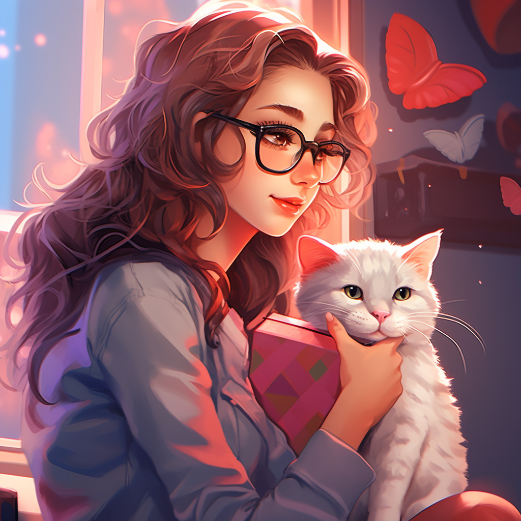 Girl with Bow Glasses Kisses Cat