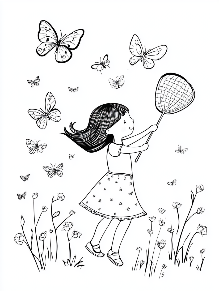 girl chasing butterflies coloring page