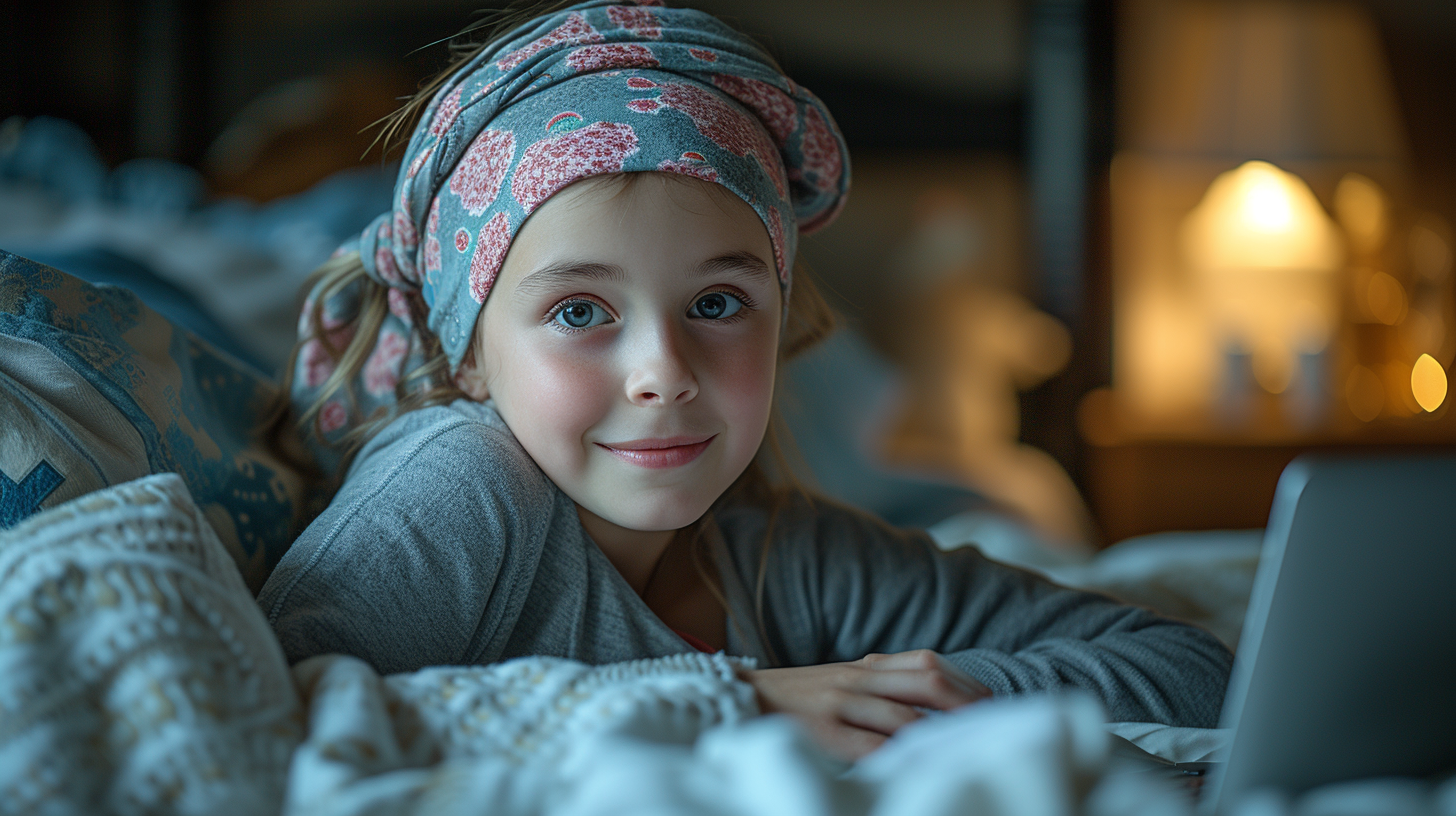 8-year-old girl with cancer using laptop and smiling in hospital bed