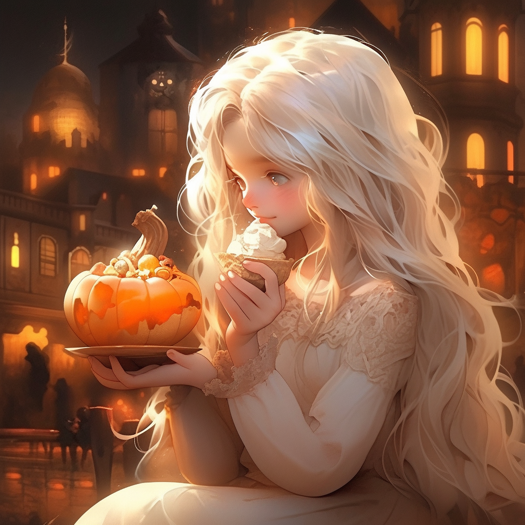 girl with white hair eating pudding from pumpkin bowl