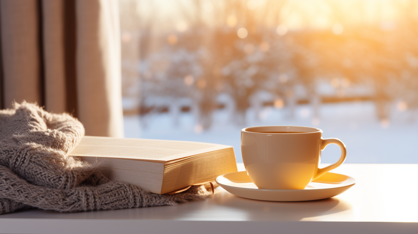 Girl in warm woolen sweater reading book