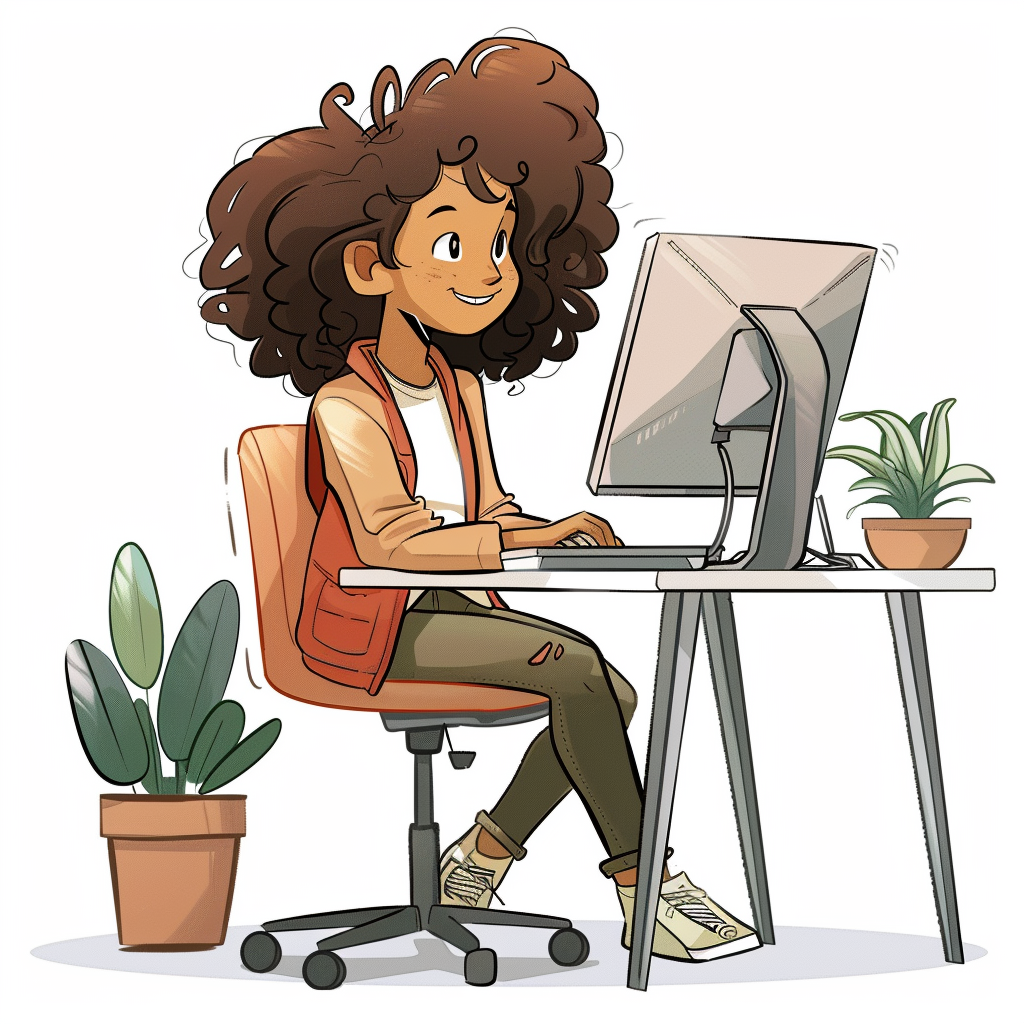 Girl Working at Computer Cartoon