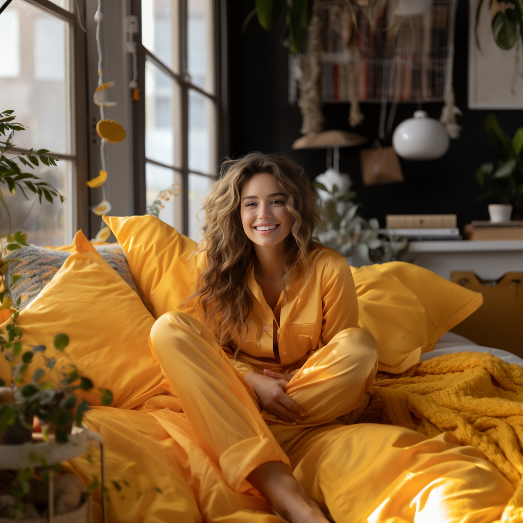 Girl in Yellow Pyjama Enjoying Cozy Bed