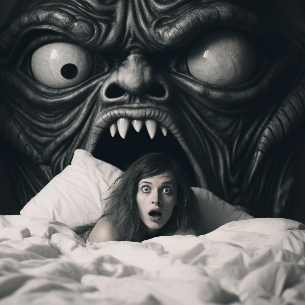 Girl on Bed with Monster Woman