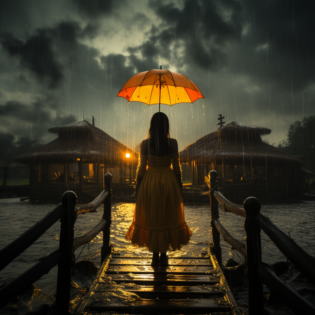 Girl with Colorful Umbrella in Yellow Dress