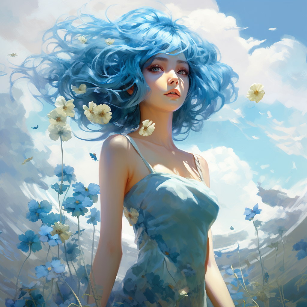 Translucent girl with blue hair and wind flowers