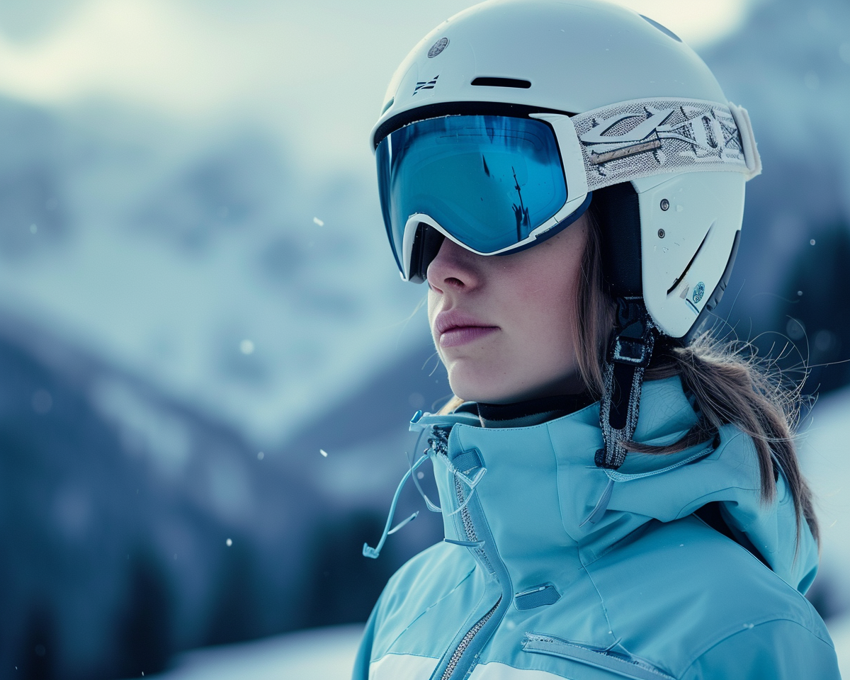 Girl in blue and white ski jumpsuit