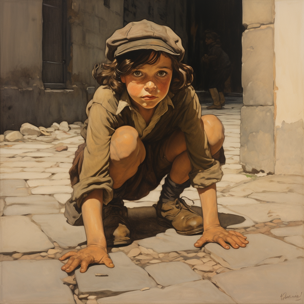 Young girl crouching on cobblestone street in 1903