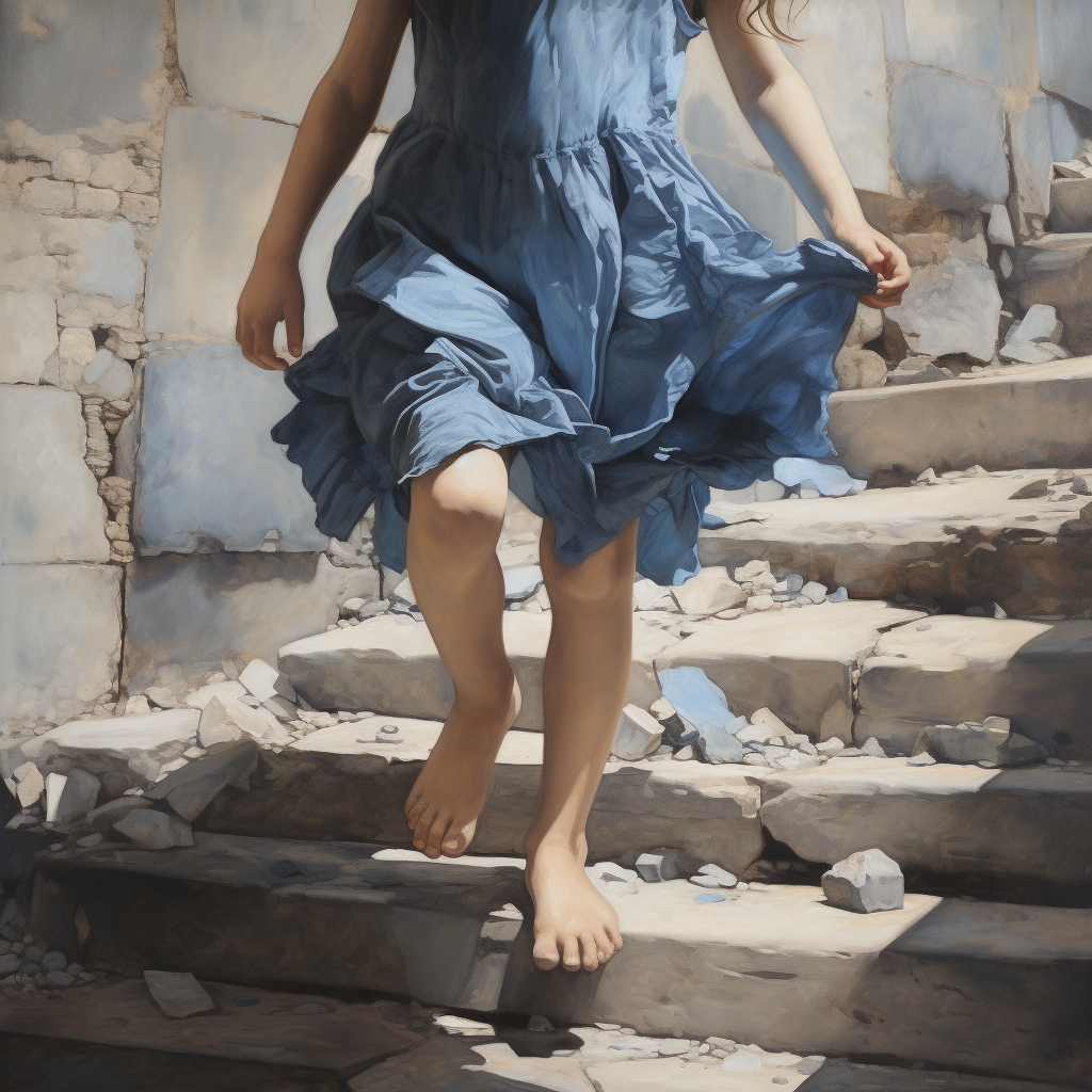 Young girl happily jumping over stones