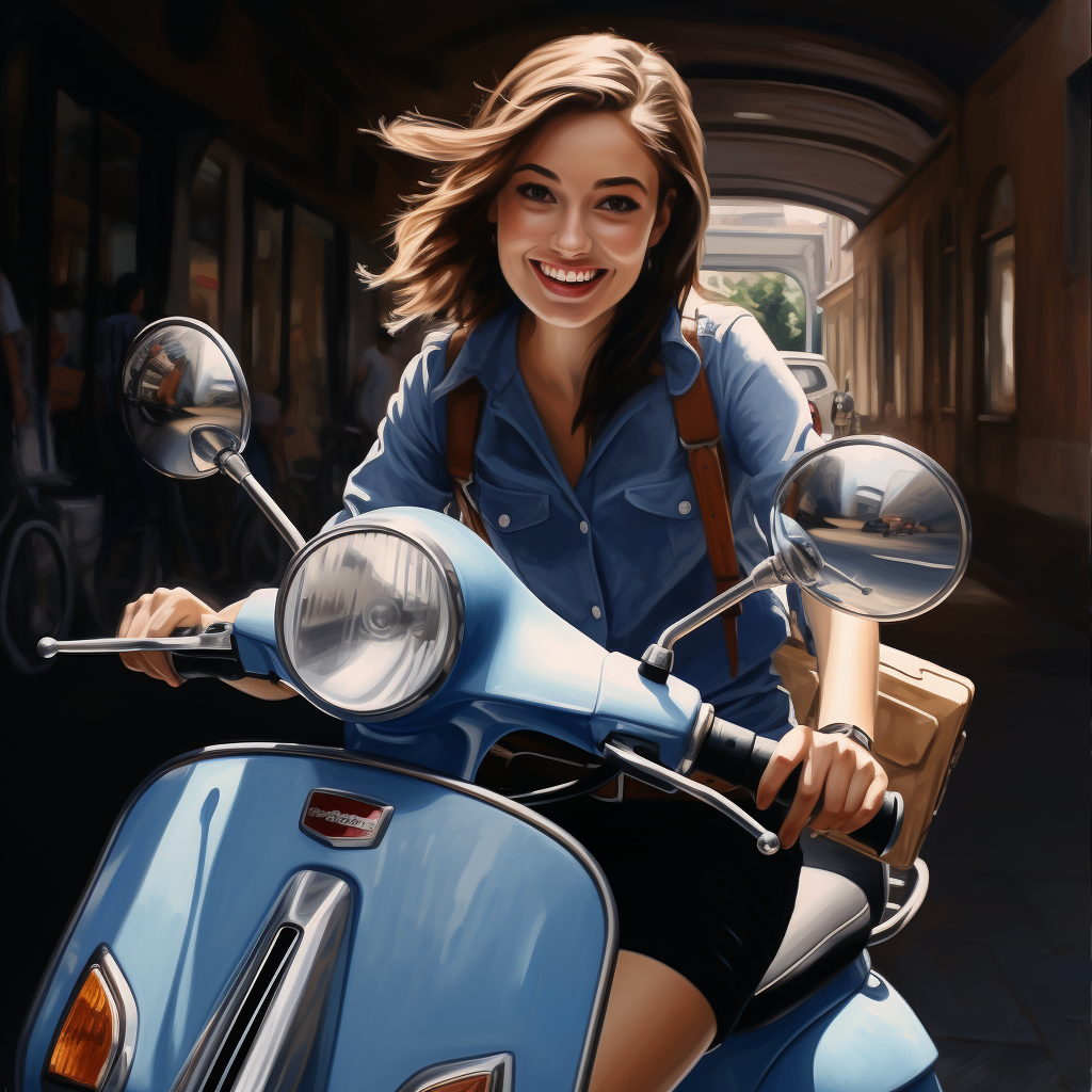 Girl delivering food on blue Vespa motorcycle