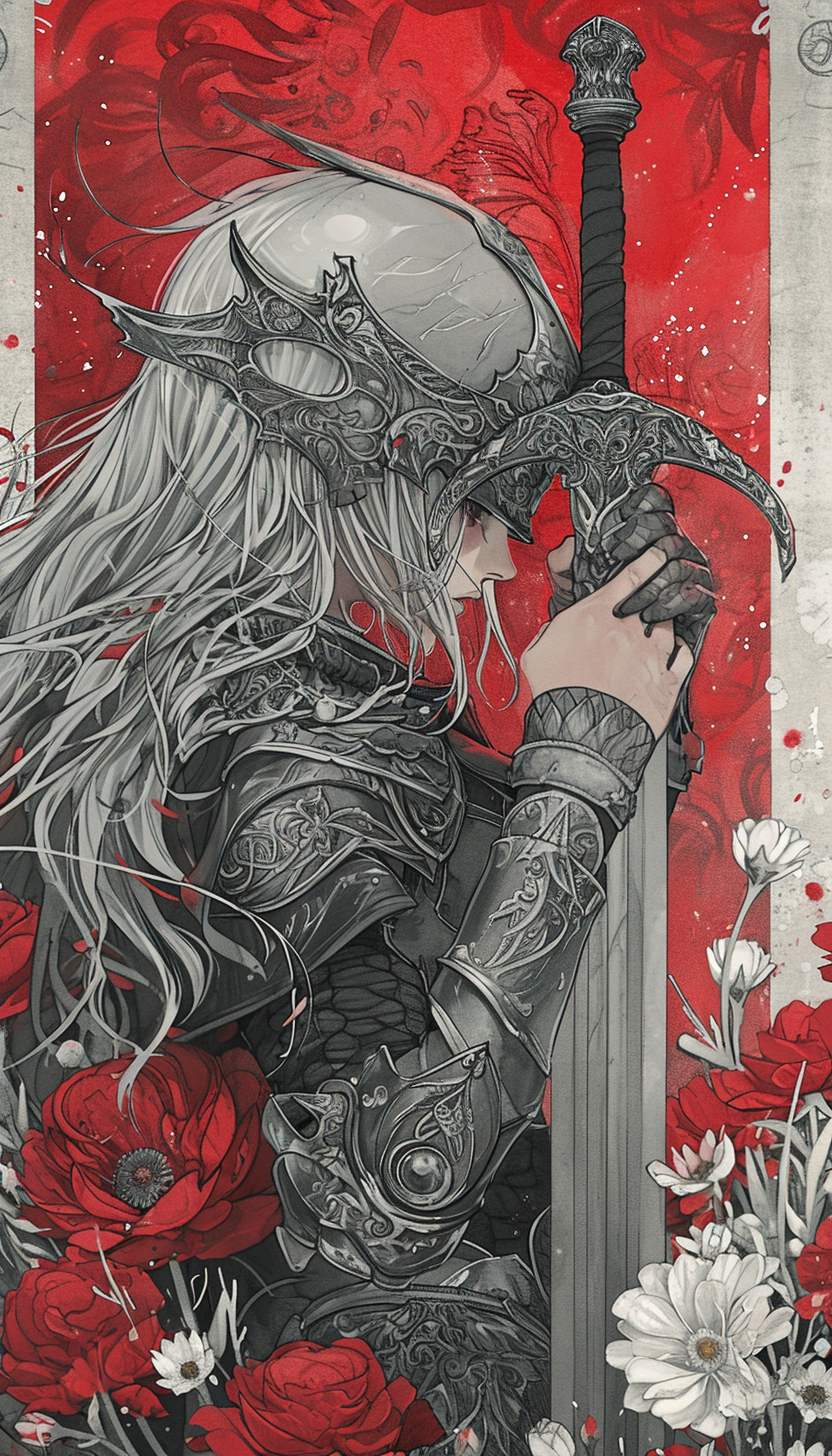 Girl in Gray Hair Armor with Sword