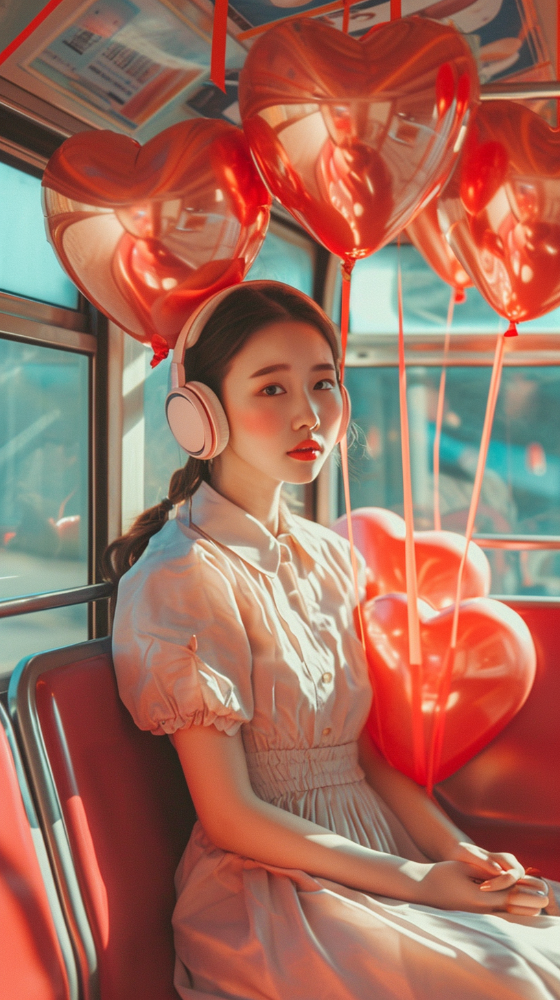 Girl with Headphones on Bus, Heart Balloons