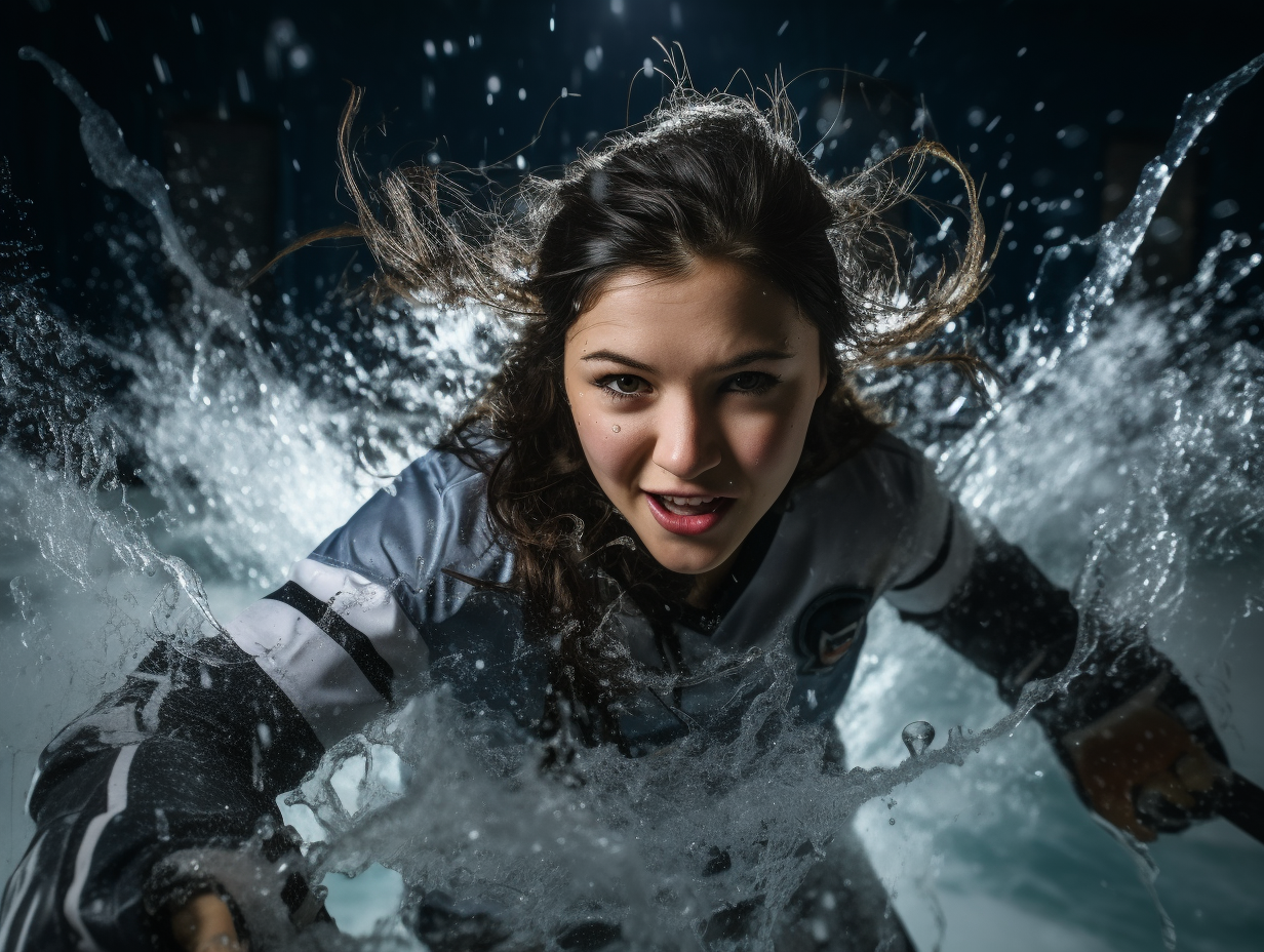 Girl hockey player stopping and spraying ice