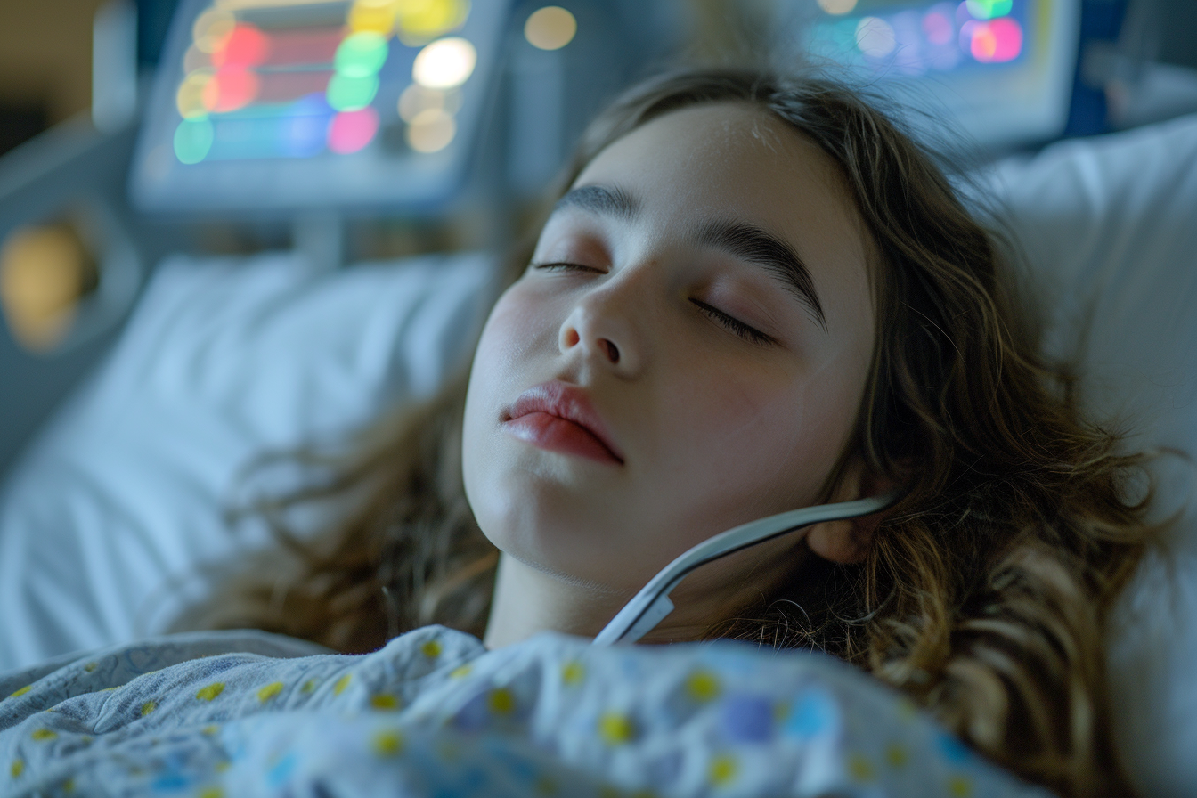 Unconscious girl in hospital bed