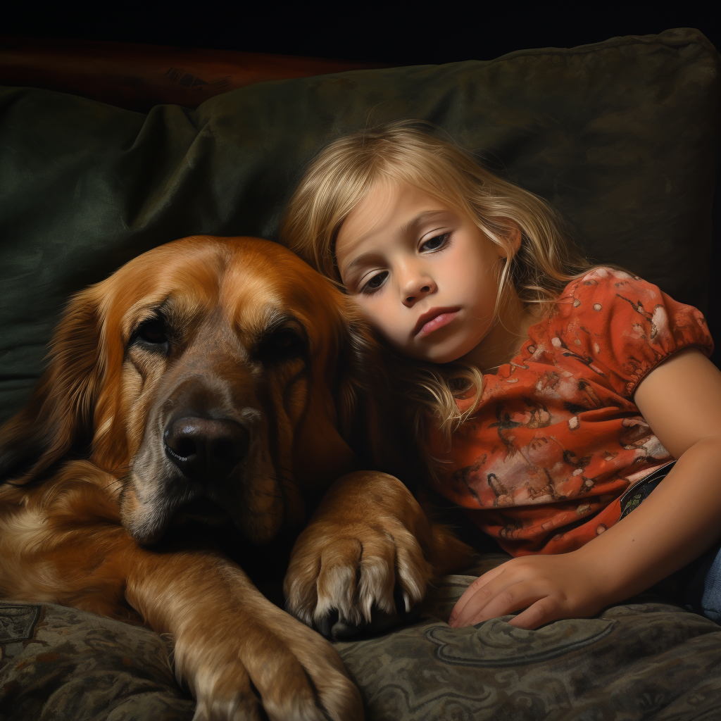 Sweet girl with bloodhound sleeping on couch