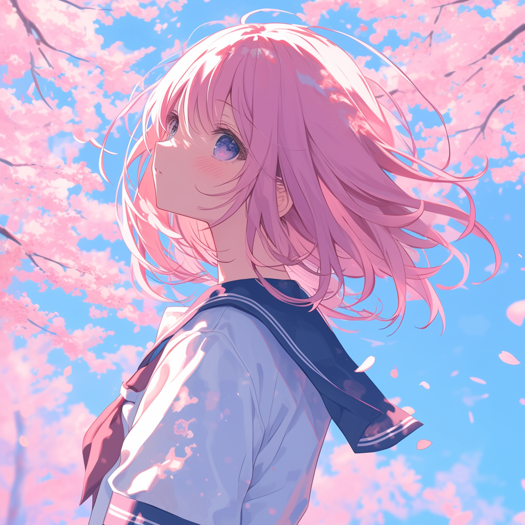 Girl with Pink Hair and Sailor Uniform, Cherry Blossoms