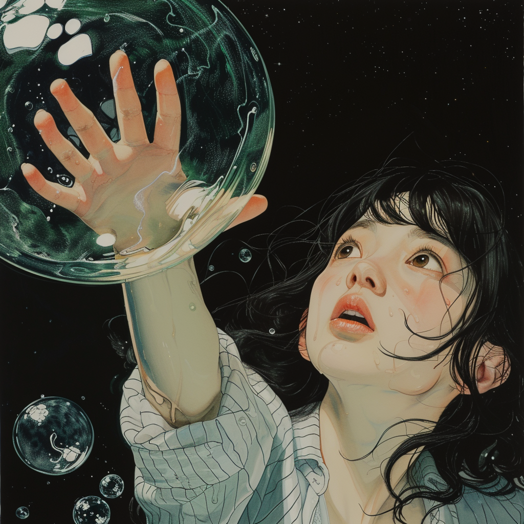 Girl grabbing bubble, fingertips reaching