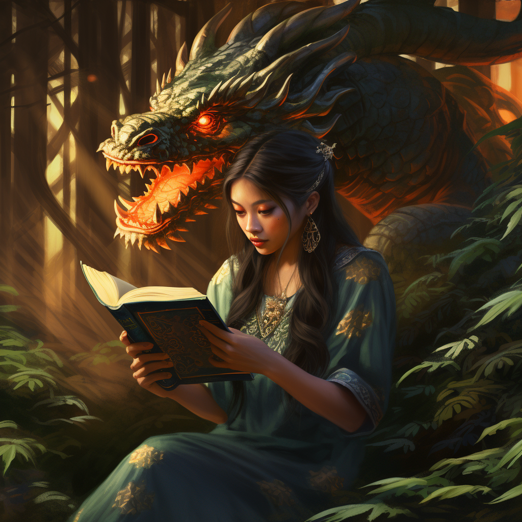 Girl reading book in forest with dragon