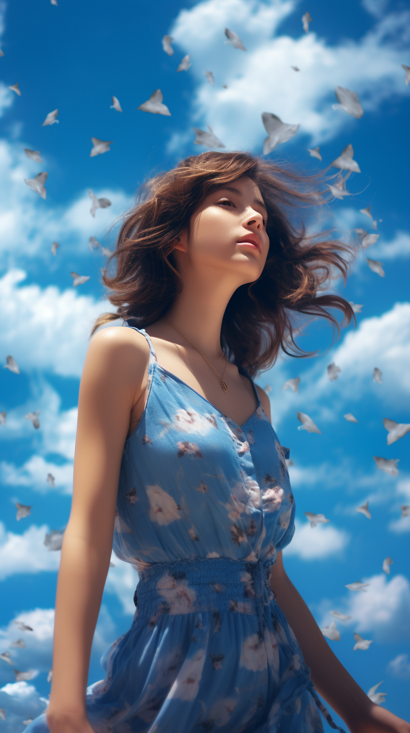 Girl with heavenly sky as backdrop