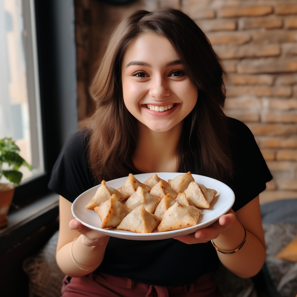 Girl enjoying samosa plate at home