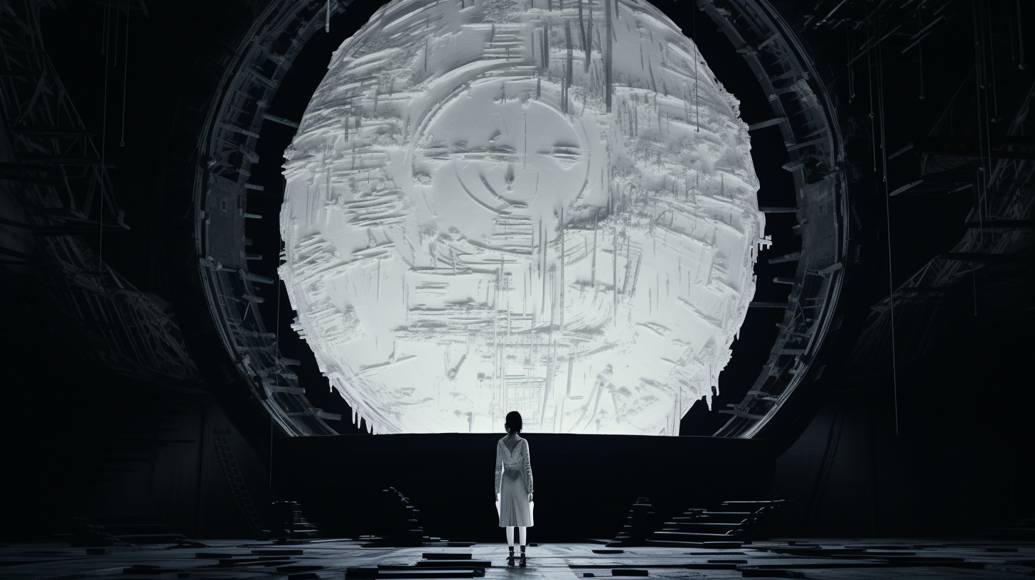 Girl in front of giant white spacecraft